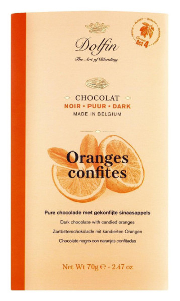 Dolfin Zartbitterschokolade mit kandierten Orangenschalen